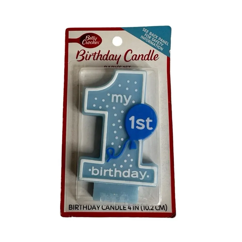 Betty Crocker Baby's 1st Birthday Age 1 Polka Dot and Balloon Blue Candle 4 inch